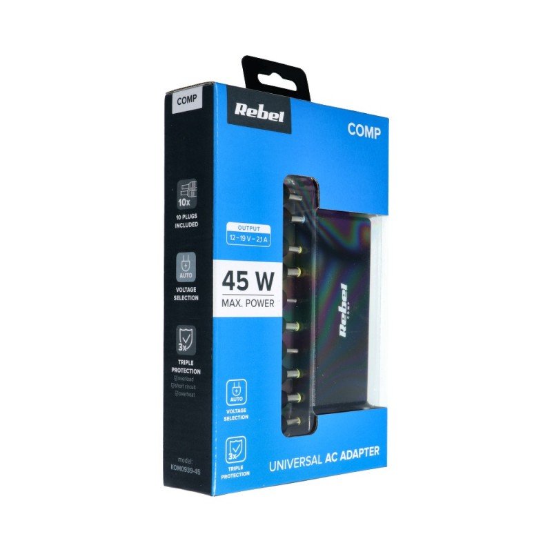 Įkroviklis buitinis universalus REBEL for Notebook/Laptop 45W/18-20V juodas
