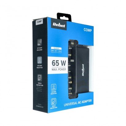 Įkroviklis buitinis universalus REBEL for Notebook/Laptop 65W/18-20V juodas