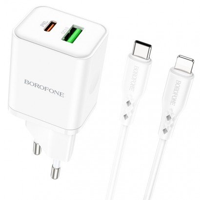 Įkroviklis buitinis Borofone BN7 Type-C 20W/USB-A 18W PD20W+QC3.0 + Lightning baltas