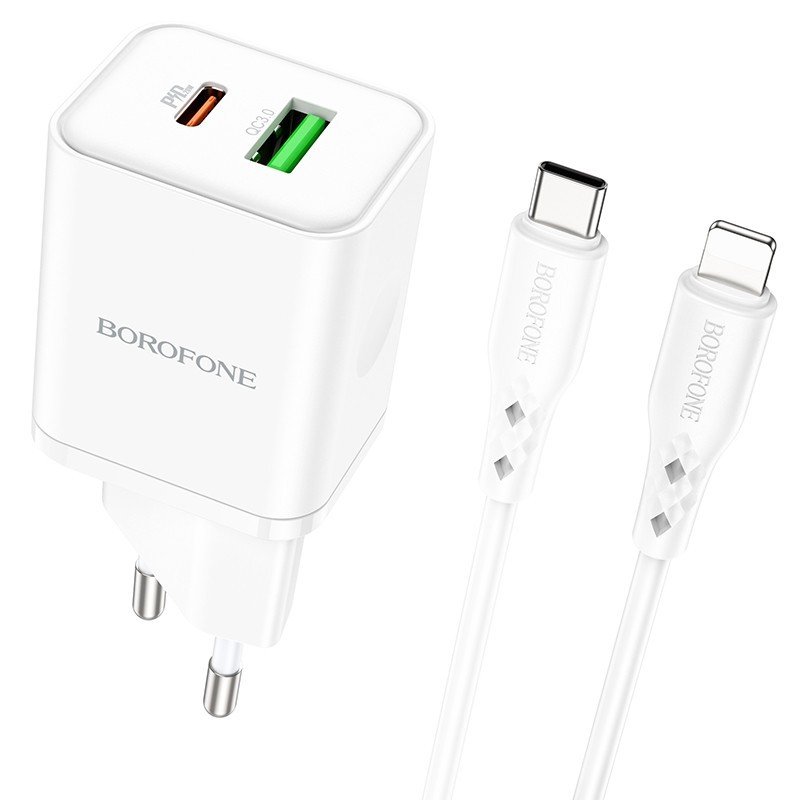 Įkroviklis buitinis Borofone BN7 Type-C 20W/USB-A 18W PD20W+QC3.0 + Lightning baltas