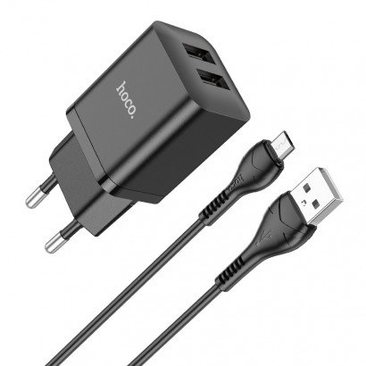 Įkroviklis buitinis Hoco N25 2xUSB-A (2.1A) + MicroUSB juodas