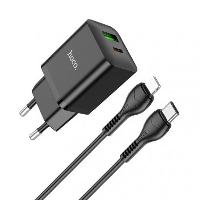 Įkroviklis buitinis Hoco N28 Founder PD20W+QC3.0 + Lightning juodas