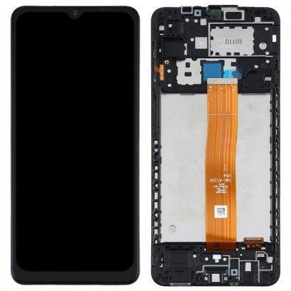 Ekranas Samsung A125 A12 su lietimui jautriu stikliuku ir rėmeliu juodas originalus (service pack)