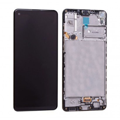 Ekranas Samsung A217 A21s su lietimui jautriu stikliuku ir rėmeliu juodas originalus (service pack)