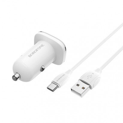 Įkroviklis automobilinis Borofone BZ12A Quick Charge 3.0 + Type-C baltas