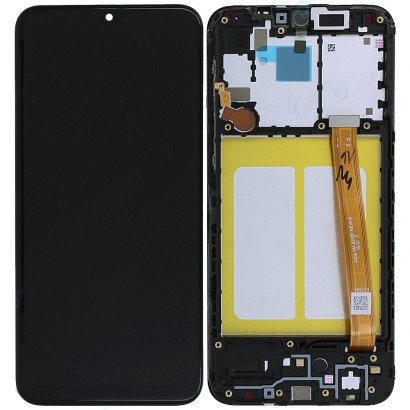 Ekranas Samsung A202 A20e su lietimui jautriu stikliuku ir rėmeliu juodas originalus (service pack)
