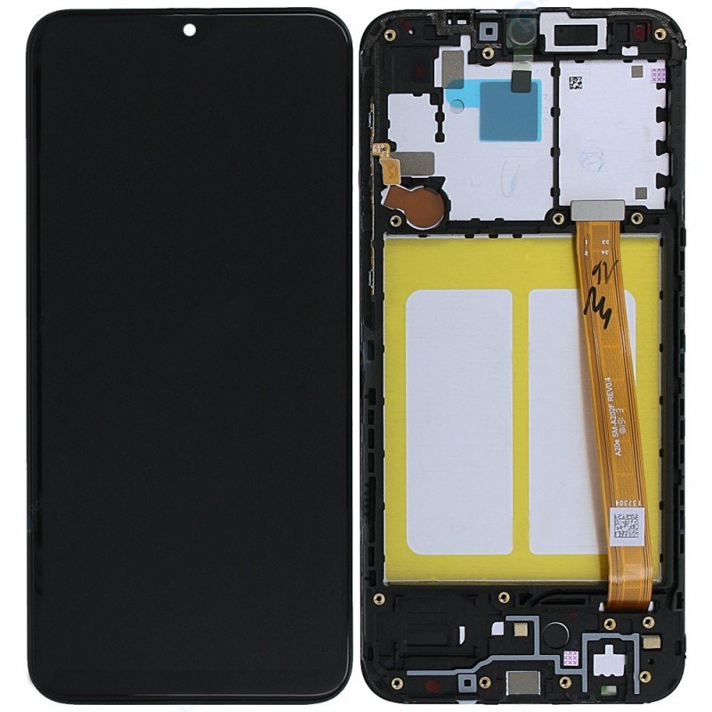 Ekranas Samsung A202 A20e su lietimui jautriu stikliuku ir rėmeliu juodas originalus (service pack)