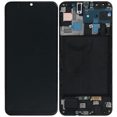 Ekranas Samsung A505 A50 su lietimui jautriu stikliuku ir rėmeliu juodas originalus (service pack)